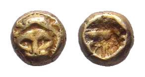 IONIA.Uncertain. Circa 600-550 BC. EL Hemihekte.Facing lion head / Incuse square...