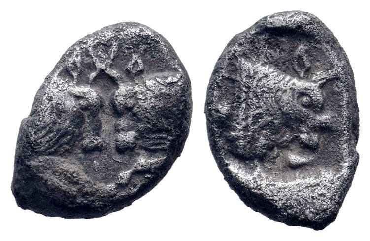 CARIA. Uncertain.Circa 450-400 BC.AR Obol. Confronted foreparts of two bulls / H...