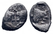 CARIA. Uncertain.Circa 450-400 BC.AR Obol. Confronted foreparts of two bulls / Head and neck of bull, right, within incuse square. SNG Kayhan I 960; W...