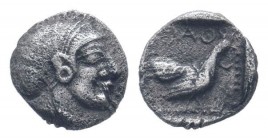 LESBOS. Methymna.Circa 500/480-460 BC.AR Hemiobol. Female head right, with hair in sakkos / MAΘ. Cock standing right within incuse square. SNG Copenha...
