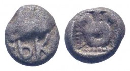 LYDIA. Uncertain. 5th century BC. AR Hemiobol. Head of lion, right; SYK above / Wreath(?) within incuse square. SNG Kayhan 746 and 1586; Pecunem 37, l...