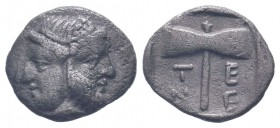 TROAS. Tenedos. Circa 450-387 BC.AR Hemidrachm. Janiform female and male heads / T - E N - E, Labrys within incuse square. SNG von Aulock 7665; HGC 6....
