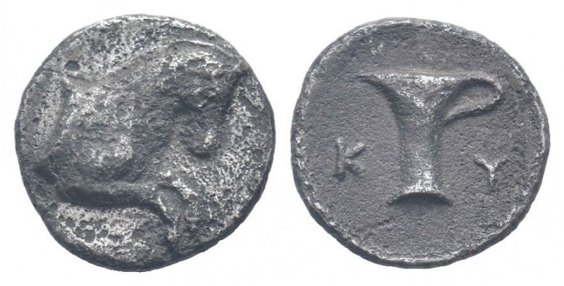 AEOLIS. Kyme.350-325 BC.AR Obol. Forepart of horse right / K-Y, Vase, across fie...