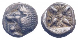 IONIA.Miletos.Circa 525-475 BC.AR Obol.Forepart of lion to left / Stellate pattern in incuse square.Klein KM 424; SNG Kayhan 476-481; SNG Keckman 273....