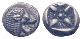IONIA.Miletos.Circa 525-475 BC.AR Obol.Forepart of lion left, head right / Stellate floral design within square incuse. SNG Kayhan 462-75; SNG Copenha...