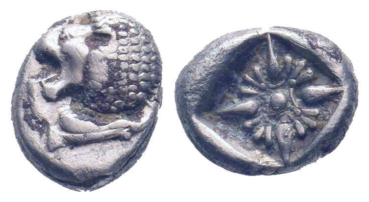 IONIA.Miletos.Circa 525-475 BC.AR Obol.Forepart of lion left, head right / Stell...