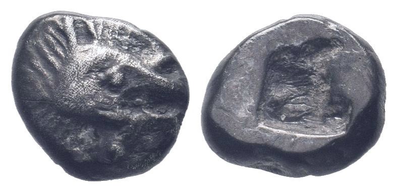MYSIA. Kyzikos. Circa 550-480 BC. AR Obol . Head of boar right, holding tunny in...