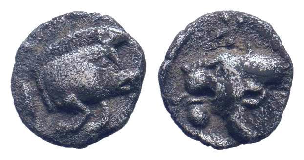 MYSIA. Cyzicus. Circa 450-400 BC. AR Obol . Forepart of boar left; to right, tun...