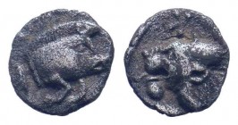 MYSIA. Cyzicus. Circa 450-400 BC. AR Obol . Forepart of boar left; to right, tunny upward / Head of lion left; retrograde K to upper left; all within ...
