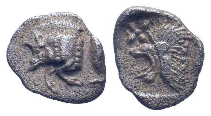 MYSIA. Cyzicus.Circa 500-490 BC.AR Obol.Forepart of boar left, behind, tunny fis...