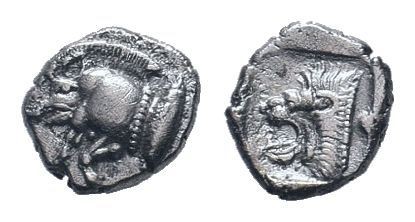 MYSIA.Cyzicus.Circa 450-400 BC.AR Obol. Forepart of boar left, tunny behind / He...