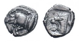 MYSIA.Cyzicus.Circa 450-400 BC.AR Obol. Forepart of boar left, tunny behind / Head of lion left. SNG France 369-70; SNG Aulock 7331;SNG Kayhan 54.Very...