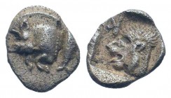 MYSIA.Cyzicus.Circa 450-400 BC.AR Obol. Forepart of boar left / K(retrograd) Lion head left, all within incuse square. SNG von Aulock 1215; Klein, KM ...