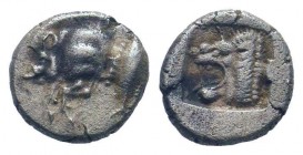 MYSIA.Cyzicus.Circa 450-400 BC.AR Obol. Forepart of boar left, tunny behind / Head of lion left. SNG France 369-70; SNG Aulock 7331;SNG Kayhan 54.Good...