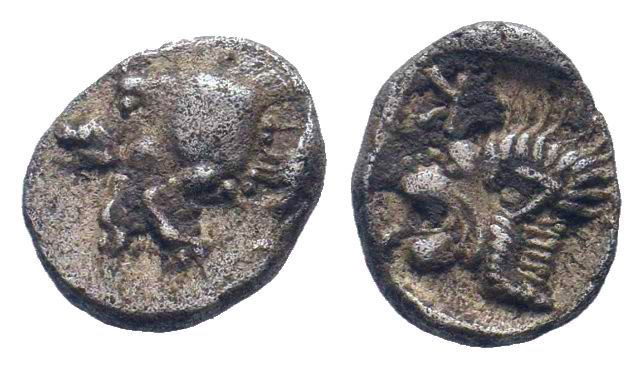 MYSIA.Cyzicus.Circa 450-400 BC.AR Obol. Forepart of boar left / K(retrograd) Lio...