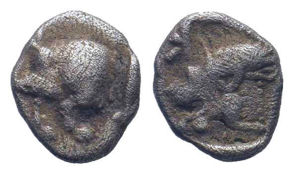 MYSIA.Cyzicus.Circa 450-400 BC.AR Obol. Forepart of boar left / K(retrograd) Lio...