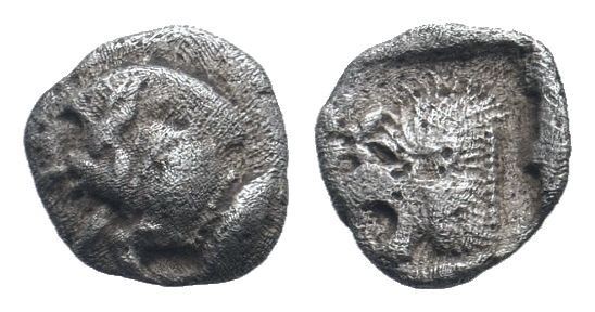 MYSIA.Cyzicus.Circa 450-400 BC.AR Obol. Forepart of boar left, tunny behind / He...