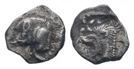 MYSIA. Cyzicus.Circa 500-490 BC.AR Obol.Forepart of boar left, behind, tunny fish / Lion's head left, above, star; all within square incuse.Klein, KM ...