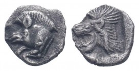 MYSIA.Cyzicus.Circa 450-400 BC.AR Obol. Forepart of boar left, tunny behind / Head of lion left. SNG France 369-70; SNG Aulock 7331;SNG Kayhan 54.Good...
