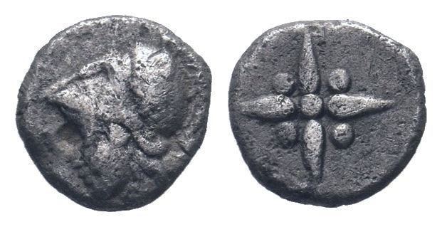 ASIA MINOR. Uncertain. 5th century BC.AR Hemiobol .Head of Athena left, wearing ...