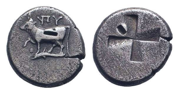 THRACE. Byzantion.387-340 BC. AR Drachm . Bull on dolphin / Quadripartite incuse...
