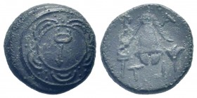 KINGS of MACEDON. Alexander III.The Great.336-323 BC.Sardes mint. AE Bronze. Macedonian shield with kerykeion on boss / B - A. Macedonian helmet betwe...