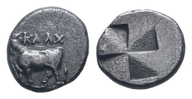 BITHYNIA. Kalchedon. Circa 340-320 BC.AR Half Siglos. KAΛ Bull standing left / Q...