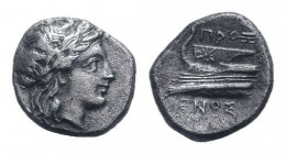 BITHYNIA. Kios. Circa 350-300 BC. AR Hemidrachm. Head of Apollo right, wearing laurel wreath; KIA below / Prow of galley left, decorated with star; ΠP...