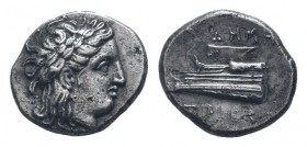 BITHYNIA. Kios.Circa 340-330 BC.AR Hemidrachm. Laureate head of Apollo right / ΔHMH - TPIOΣ, Prow of galley left, decorated with star. SNG von Aulock ...