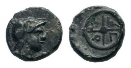 BITHYNIA.Apameia-Myrleia circa 203 BC.AE Bronze. Helmeted head of Athena right / M-Y-P-Λ between spokes of four-spoked wheel. very fine SNG Copenhagen...