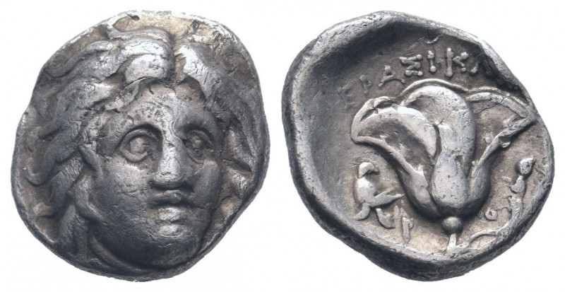 ISLANDS of CARIA.Rhodos. Circa. 275-250 BC. AR drachm. Head of Helios facing, tu...