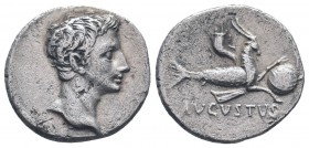 AUGUSTUS.27 BC-14 AD.AR Denarius. Spain, Colonia Patricia (?), Bare head right / Capricorn right holding globe attached to rudder and cornucopiae abov...