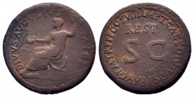DIVUS AUGUSTUS. Restitution issue under Titus.80-81 AD. Rome mint.AE Sestertius. DIVVS AVGVSTVS PATER, Augustus seated left on curule chair, holding p...