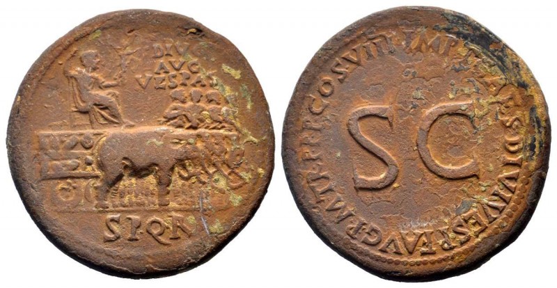 DIVUS VESPASIAN.Died 79 AD. Struck by Titus. 80-81 AD.Rome min.AE Sestertius.DIV...
