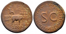 DIVUS VESPASIAN.Died 79 AD. Struck by Titus. 80-81 AD.Rome min.AE Sestertius.DIVO AVG VESPAS in field, S P Q R in exergue, seated statue of Divus Vesp...