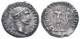 TRAJAN.98-117 AD.AR Denarius. Rome mint.Circa 103-104. IMP TRAIANO AVG GER DAC P M TR P COS V P P, Laureate head of Trajan to right, with drapery on l...