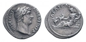 HADRIAN. 117-138 AD.Rome mint. AR Denarius. Bare head right / Africa reclining left, holding scorpion and cornucopiae; basket containing grain ears an...