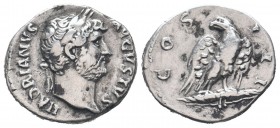 HADRIAN.117-138 AD.Rome mint.AR Denarius.HADRIANVS AVGVSTVS; Head of Hadrian laureate right / COS III, Eagle standing facing on thunderbolt, head left...