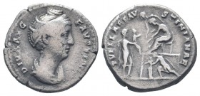 DIVAFAUSTINA. Died AD 140/1. Rome mint.AR Denarius.  DIVA AVG FAVSTINA, draped bust right / PVELLAE FAVSTINIANAE, magistrate seated left on a platform...