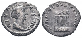 DIVAFAUSTINA. Died AD 140/1. Rome mint.AR Denarius. DIVA FAVSTINA, Draped bust right / AED DIV FAVSTINAE, hexastyle temple in which is a seated figure...