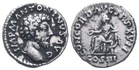 MARCUS AURELIUS.161-180 AD.Rome mint.AR Denarius. IMP M ANTONINVS AVG, Head of Marcus Aurelius, bare, right / CONCORD AVG TR P XVII COS III, Concordia...