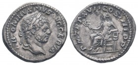 CARACALLA.198-217 AD.Rome mint.AR Denarius.ANTONINVS PIVS AVG GERM, Laureate head of Caracalla to right / P M TR P XVII COS IIII P P, Apollo seated le...