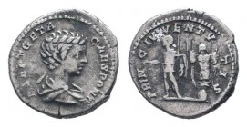 GETA. 198-209 AD.Rome mint. AR denarius . SEPT GETA CAES PONT, bare-headed and draped bust right / PRI-NC I-VVENTV-TIS, prince standing left, holding ...