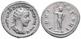 GORDIAN III.238-244 AD.Rome mint.AR Antoninianus.IMP GORDIANVS PIVS FEL AVG, Bust of Gordian III, radiate, draped, cuirassed, right / IOVI STATORI, Ju...