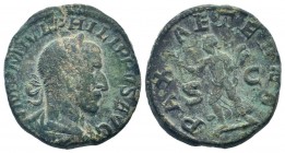PHILIP II.247-249 AD.Rome mint.AE Sestertius. IMP M IVL PHILIPPVS AVG, Laureate, draped, and cuirassed bust right / PAX AETERNA, Pax standing left, ho...