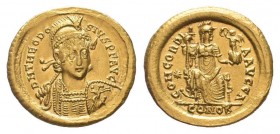 THEODOSIUS II.402-450 AD.Constantinople, mint. AV Solidus.D N THEODOSIVS P F AVG, Helmeted, three-quarter facing bust, holding spear over shoulder and...