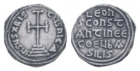 LEO IV and CONSTANTINE VI .776-780 AD. Constantinople mint.AR Miliaresion. IhSUS XRISTUS NICA, cross potent on three steps / LEONS CONST ANTINE CΘЄЧbA...