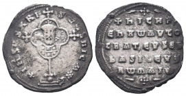 NICEPHORUS II PHOCAS. 963-969 AD. Constantinople mint.AR Miliaresion. Cross crosslet set on globus above two steps; in central medallion, crowned bust...