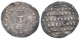 JOHN I ZIMISCES.969-976 AD.Constantinople mint.AR Miliaresion.IҺSЧS XRISTЧS ҺICA; Cross crosslet set on globus above two steps; in central medallion, ...