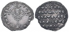 NICEPHORUS II.963-969 AD.Constantinople mint.AR miliaresion. +IhSUS XPISTUS NICA; Cross crosslet set upon globus above two steps; in central medallion...